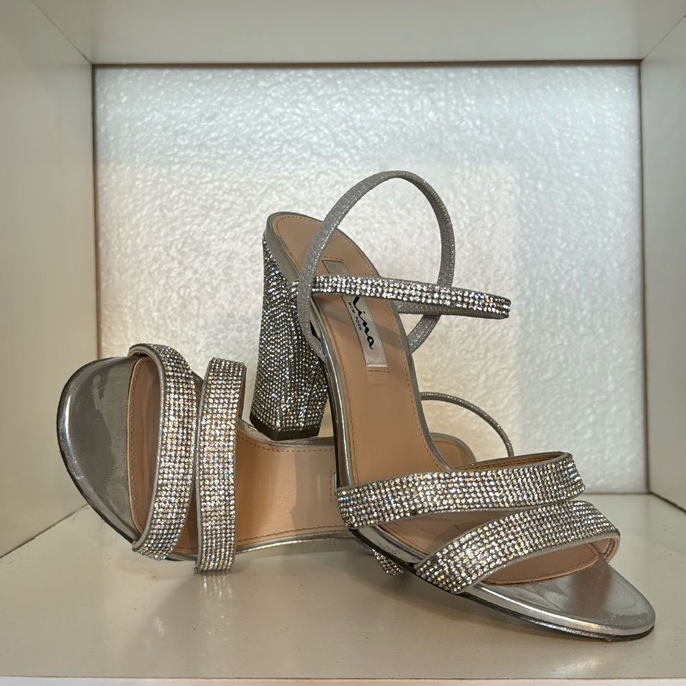 Nina Sanchia Womens Block Heel Silver Rhinestones Cocktail Formal Party Sandals